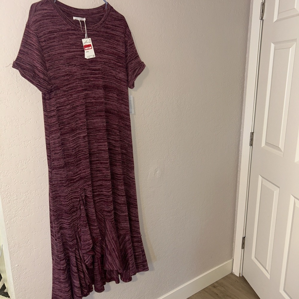 Stitchdrop Beet Red Melange Knit Crew Neck Flounce Ruffle Hem Midi Dress L NWT